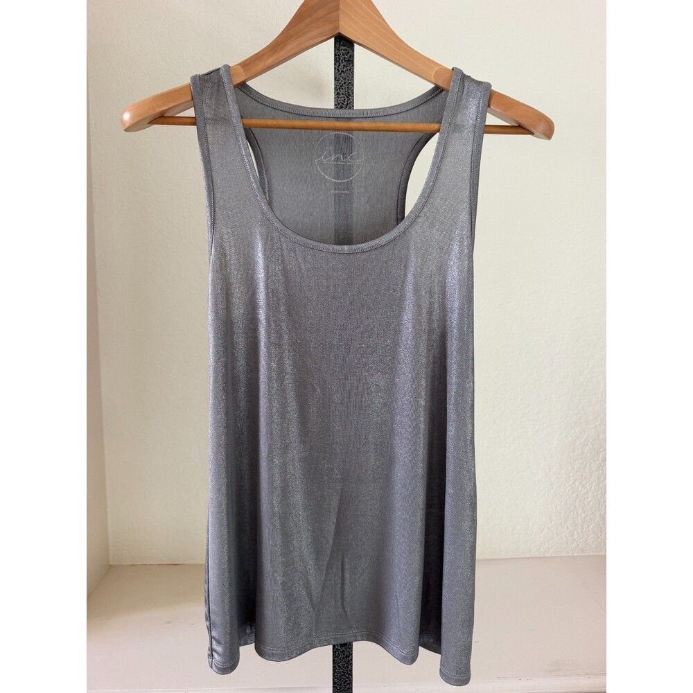 INC Macys Sparkly Athletic Knit Tank Womens L Silver Gray BLINGY Layering Stretc